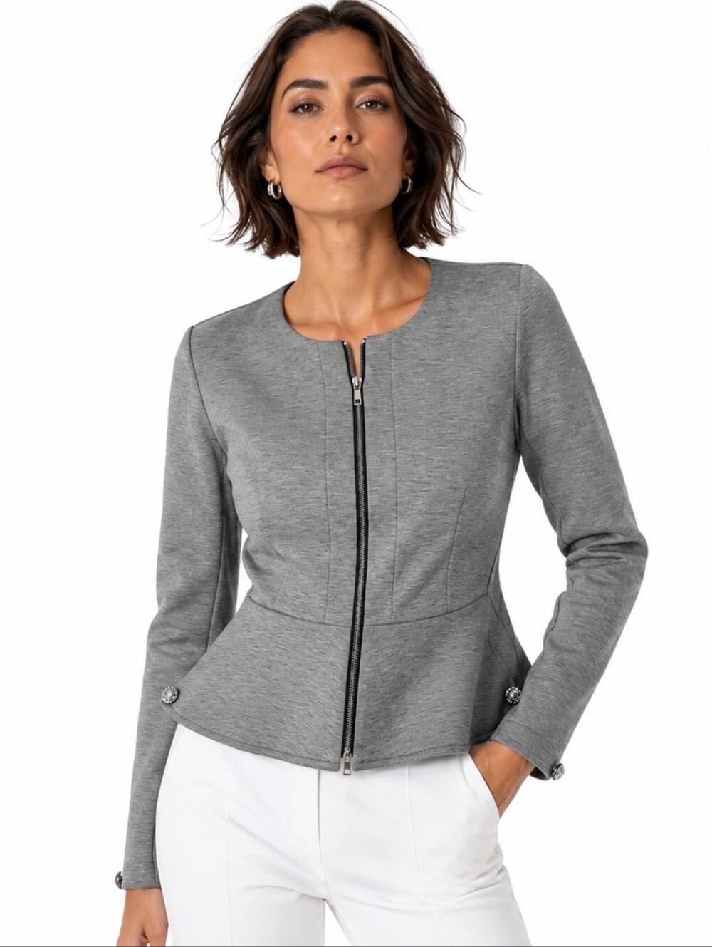 Divided Light Gray Peplum Zip-Front Cropped Jacket